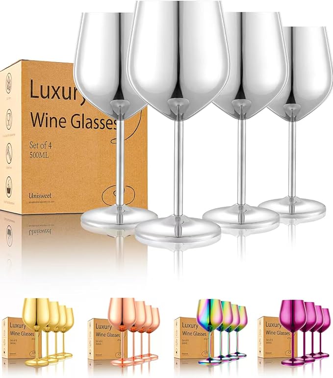 UNISWEET Unbreakable Stainless Steel Wine Glasses Set of 4, Silver | 17oz Unique Fancy Metal Wine Goblets, Shatterproof, Ideal for Outdoor, Camping, Travel, Pool, Great Gift for Wine Lovers