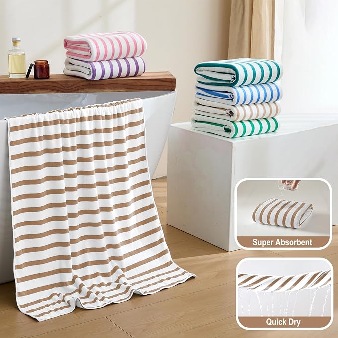 JML Beach Towels Set of 2, 30" x 60", Cabana Stripe Coffee | Hanging Loop, Soft, Absorbent, Quick Dry Bath Towel for Summer Swimming Pool Party, Yoga, Camping