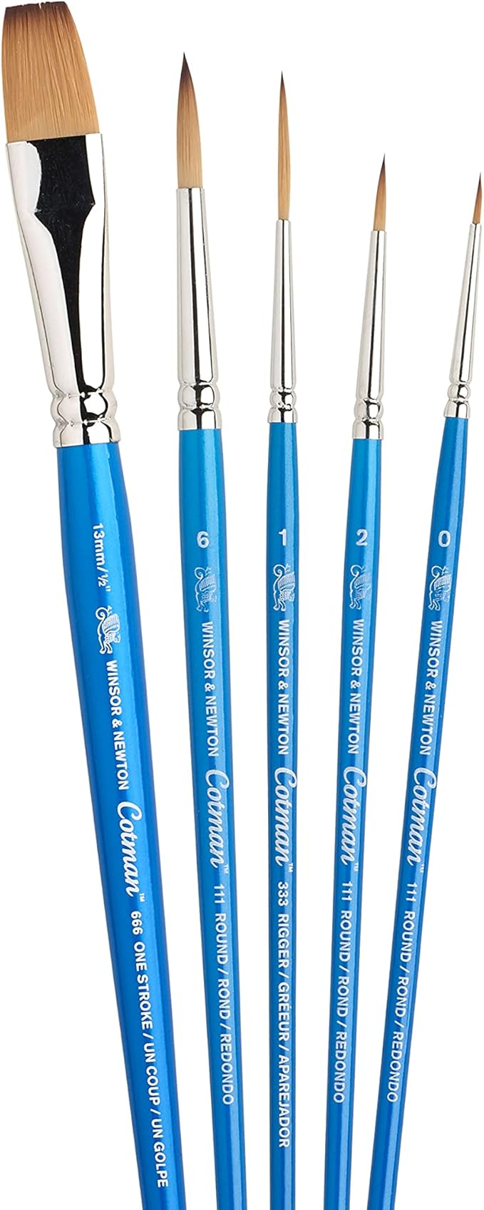 Winsor & Newton Cotman Short Handle Brushes, Set of 5, (Round 0, 2, & 6, Rigger 1, One Stroke 1/2")