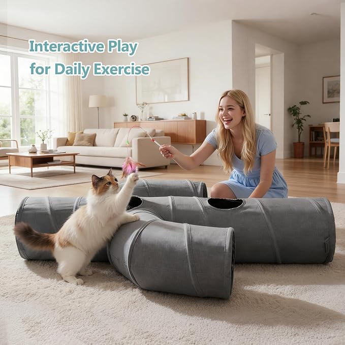 Ownpets Cat Tunnel Large 12 inch Diameter Sturdy Oxford Fabric Cat Tunnel Toy, Cactus Shape Collapsible Cat Tunnels for Indoor Cats,Interactive Peek Hole Pet Tunnel Tube with Cat Wand Toy
