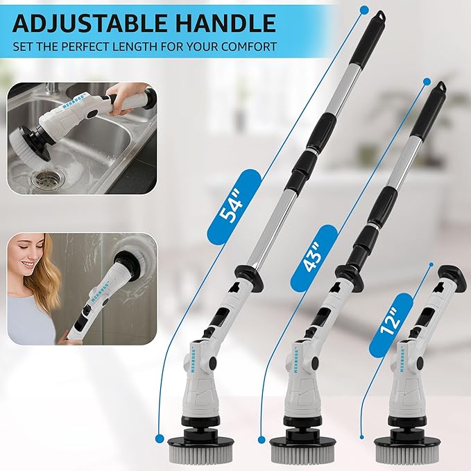 Electric Spin Scrubber, 3-Speed Adjustable Head Shower Bathroom Scrubber | 8 Replaceable Heads, 54" Extendable Long Handle, IPX6 Waterproof, Shower Cleaner Brush, Cordless for Tub Grout Tile Floor Car
