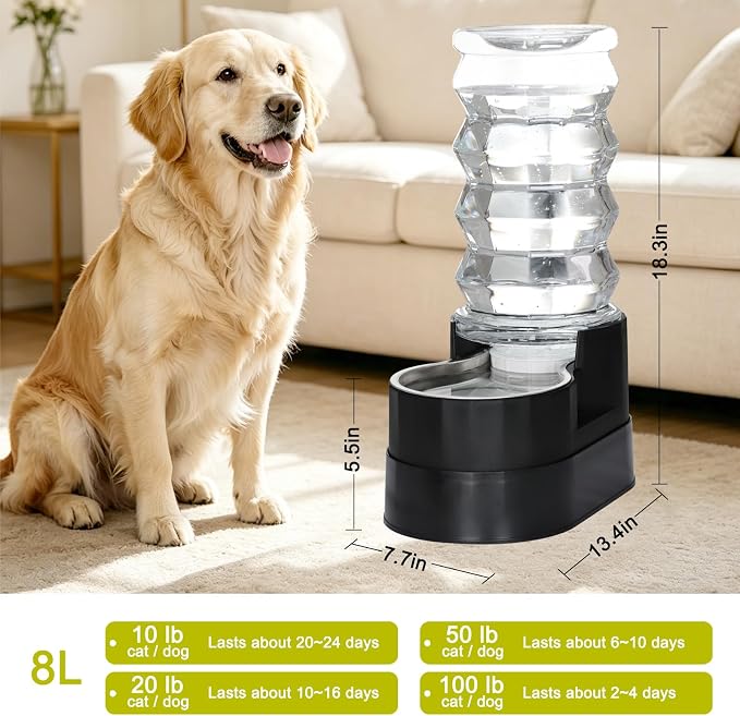 RIZZARI 8L Elevated Dog Water Dispenser: Large Dogs Senior Pets Filtered | Comfortable Drinking Position / Anti Splash Base / Stainless Steel Bowl / Easy Cleaning / Dishwasher Safe/Multi Pet Homes