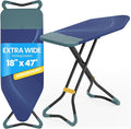 KINGBOARD 18x47 Extra Wide Ironing Board with Silicon Iron Mat, Blue | 18x47 Large Stand Ironing Board with Heat Resistant Cover, 4 Adjustable Heights Heavy Duty Leg 28" - 35" for Laundry Room