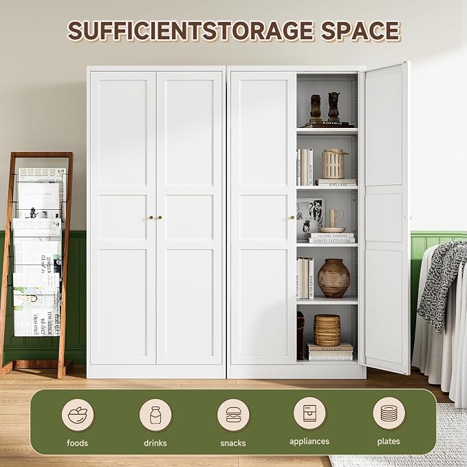 White Storage Cabinet with Adjustable Shelves-Metal Home Kitchen Pantry Cabinets with Doors,Organization Locker for Cupboard/Bedroom/Dining/Living/Bathroom/Office/Garage Room