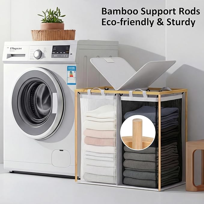 efluky Laundry Hamper with Lid, Double Laundry Basket with 2 Removable Bags, 2 Section Laundry Bin with Bamboo Handles for Bathroom, Bedroom & Laundry Room, 140L (36.9 Gallon) Light Grey