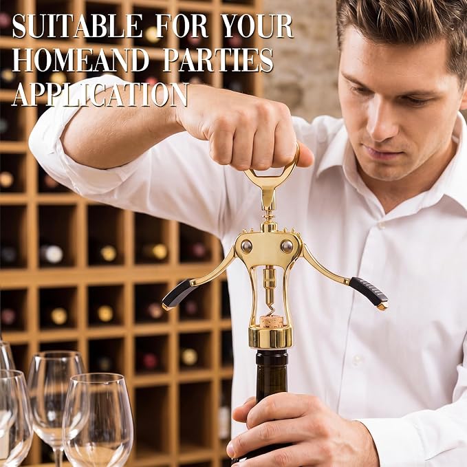 Hushee 5 Pcs Wing Corkscrew Opener, Zinc Alloy Heavy Duty Multifunctional Wine Bottle Opener for Restaurant, Bar, Waiters, Ideal for Wedding Shower Party Favors Gifts (Silicone,Gold)