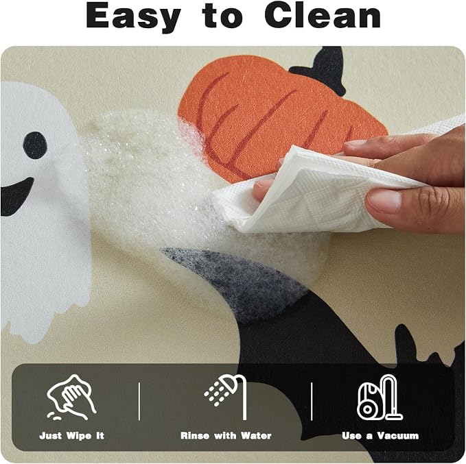 TYUU Halloween Bath Mat, Thin Bathroom Rug Non Slip Quick Dry Pumpkin Bath Mat Fits Under Door Thin Floor Mat Halloween Decor, 17''x30'', Pumpkins Bats and Ghost