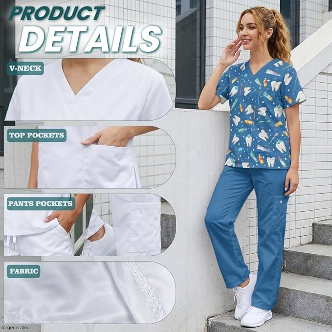 Gomyblomy Women's Scrubs Suit 3-Piece Set | Teeth Print V-Neck Top & Pants & Cap, Breathable and Stretch Fabric, S-5XL