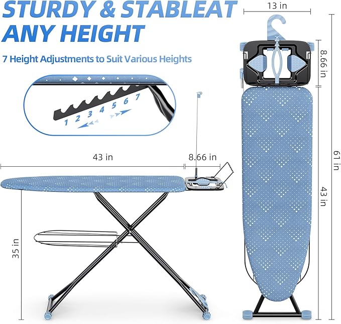 KINGBOARD Ironing Board, Compact Iron Board Full Size with Extra Thick Cover, 7 Adjustable Heights Stand with Hanger and Iron Rest, Large Heavy Duty Ironing Board with Storage Tray, 13x43 Blue