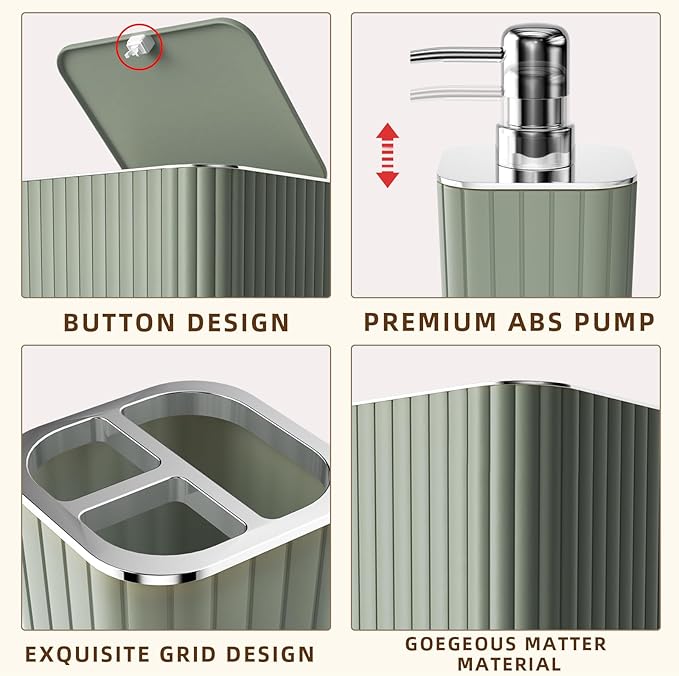 XLHOMO Bathroom Accessories Set - 25PC Sage Bathroom Set, Bathroom Set with Shower Curtain and Rugs, Sage Green Shower Curtain Set, Bathroom Accessory Set, Trash Can & Soap Dispenser