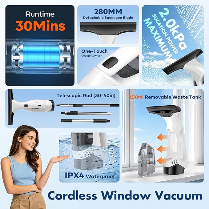 Cordless Window Vacuum Squeegee with Extension Pole, Electric Window Cleaner with Water Collection Tank, Portable Cleaning Kit for Glass Doors, Windows, Mirrors and Car（White）