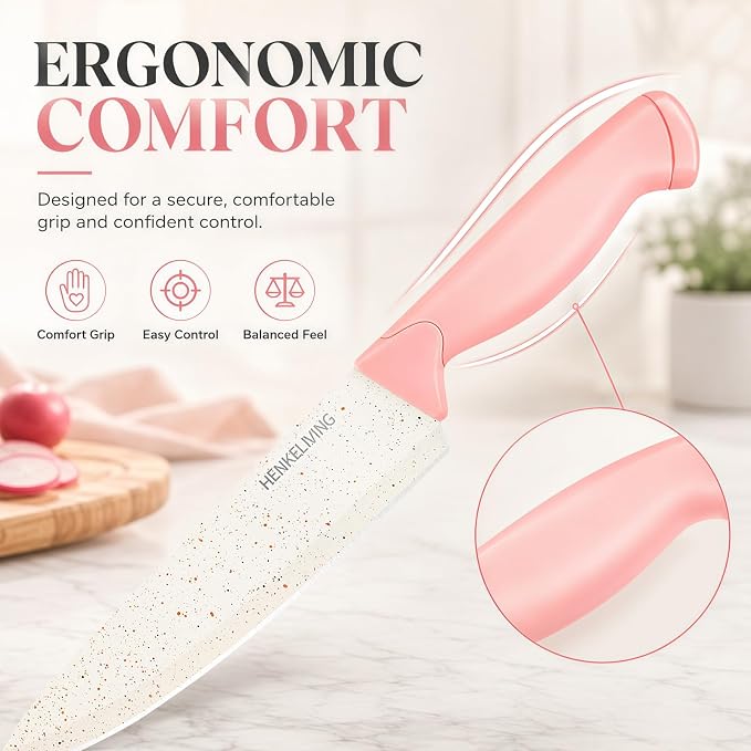 14-Piece Peach Pink Knife Block Set with Built-In Sharpener | German high-carbon stainless steel blades, dishwasher safe, ultra-sharp edges, ergonomic non-slip handles