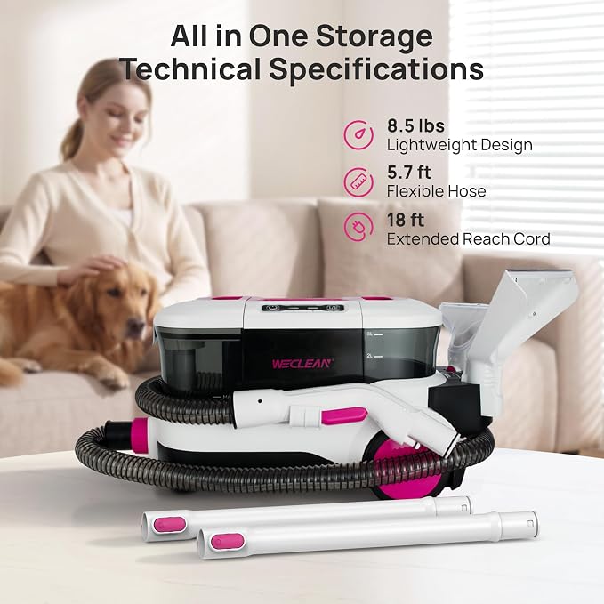 WECLEAN C4 Portable Carpet Cleaner Machine, Stand Up Upholstery Cleaner with 18KPa Powerful Suction, 800W Spot Cleaner for Pet Stains, Carpet, Rug, Couch and Car Interior, Dual Tank System, Pink