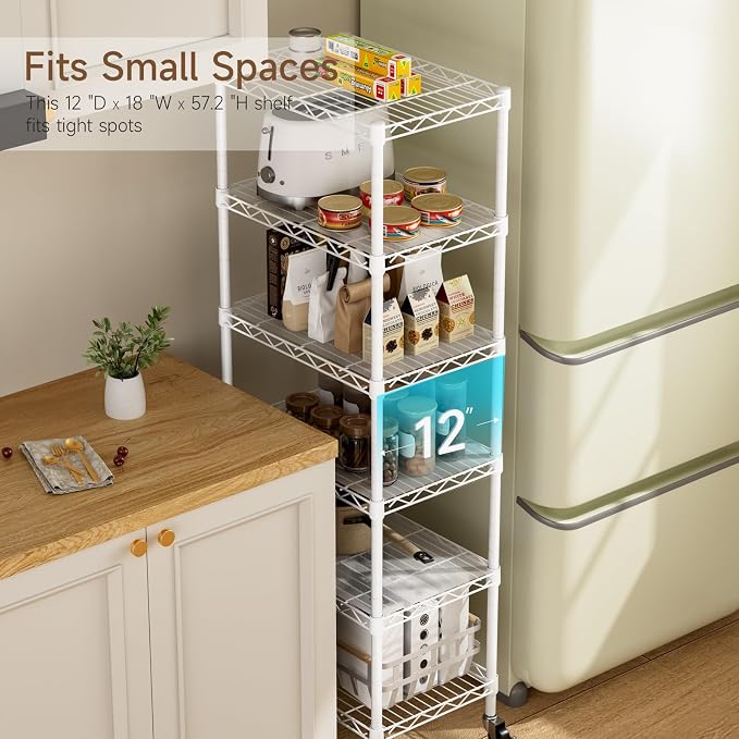 Golpart Small 6 Tier Shelves Storage Wire Shelving Unit Metal Shelf Adjustable Organizers Storage Shelving with Wheels for Bathroom Laundry Room Kitchen Pantry11.7”D x 17.7”W”W x 61.6”H White