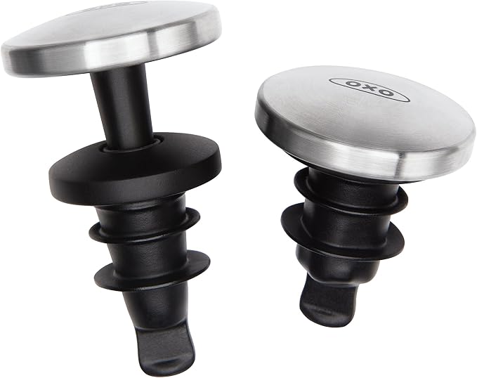 OXO SteeL Vertical Lever Corkscrew with Removable Foil Cutter,Black/Silver,2.1 & SteeL Expanding Leakproof Wine Stopper, (2 Pack)
