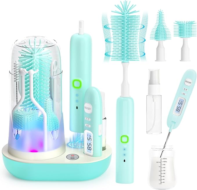Electric Bottle Brush Cleaner,Wireless Charging Electric Baby Bottle Brush Cleaner,Nipple/Straw/Bottleneck Brush,Food Thermometer,Formula Mixer-IPX7 Waterproof,Travel Bottle Cleaner Kit for Newborn