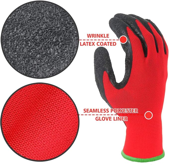 Evridwear Crinkle Latex Rubber Hand Coated Safety Work Gloves for Men Women General Multi Use Construction Warehouse Gardening Assembly Landscaping,Red X-Large 12 Pairs Pack