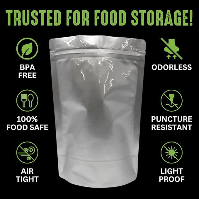 50 Mylar Bags for Food Storage, Airtight 7-Mil Thick Gusseted Zip Lock, Long Term, Reusable, Emergency Food Supply & Freeze Dryer Bags - 2 Quart 8x12 Inch