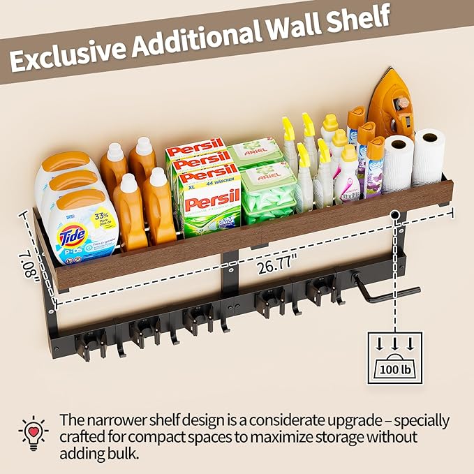Broom Holder Wall Mount with Cleaning Supplies Organizer, Laundry Room Shelves with Mop Hanger Rack Gripper Hooks and Vacuum Organizer, Broom and Mop Organizer Wall Hanging for Home Garage Kitchen