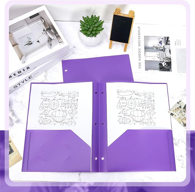 Yeaqee 72 Pcs Plastic Folders with Pockets Bulk 3 Hole Punched 2 Pocket File Folders for 3 Ring Binder Divider Folder for Notebooks, Durable Poly for Office Home (Purple)