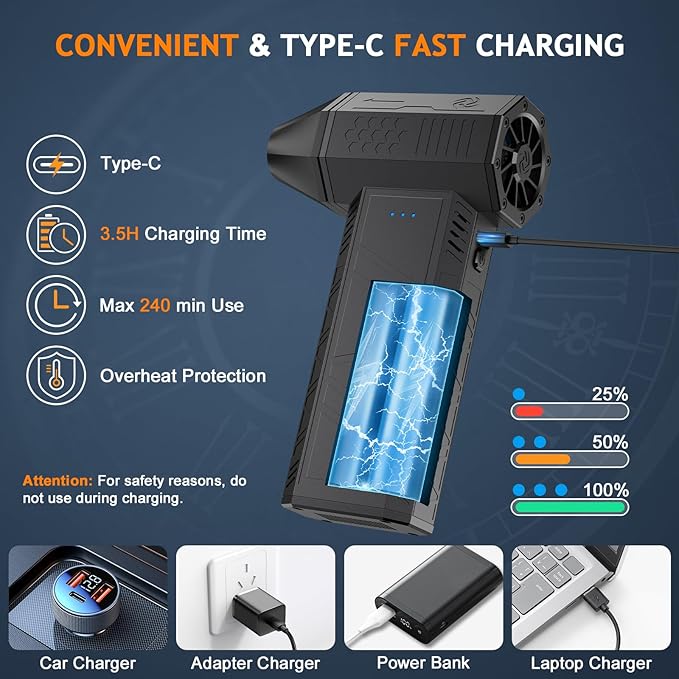 Compressed Air Duster - 180000RPM Powerful Electric Air Duster, 3 Gear Adjustable Cordless Air Blower, Rechargeable Dust Cleaner for Keyboard, Computer, Home, Outdoor, Car