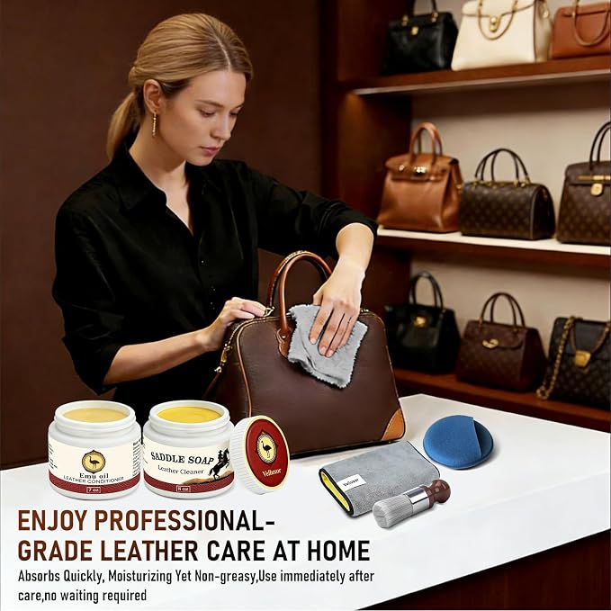 Leather Boot Care Kit, Emu Oil, Saddle Soap for Leather, Professional Leather Cleaner & Conditioner for Horse Tack, Shoes, Bags, Couch, Cowboy & Wood, Deep Clean Moisturize, Repair & Nourish