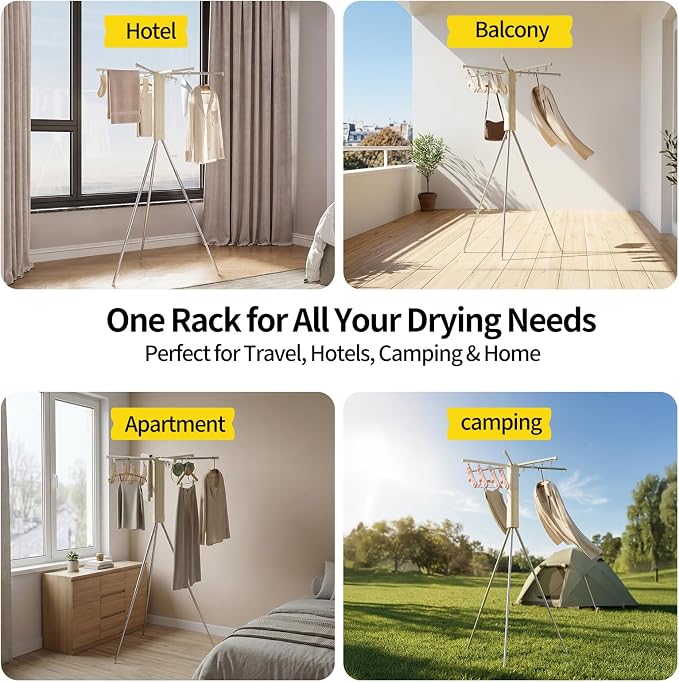 BIREN Foldable Clothes Drying Rack Tripod Clothes Rack with Clips Heavy Duty Laundry Rack Portable Clothing Racks for Travel, Camping, Hotel, Apartment, 6 Poles