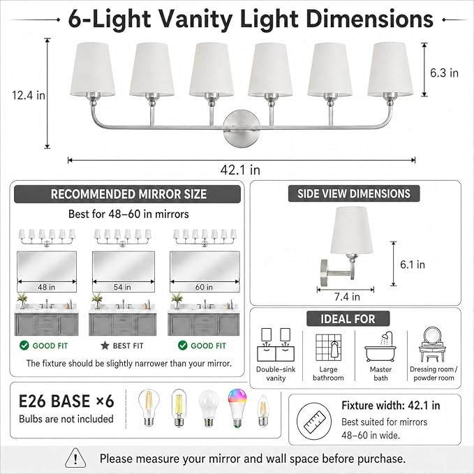 Bathroom Vanity Light, Brushed Nickel Bathroom Light Fixtures, 6-Light Lighting Fixtures Over Mirror, Modern Wall Sconce with Flared White Fabric Shade, E26 Socket(ETL Listed)