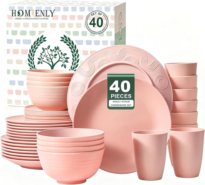 Homienly 40 PCS Premium Wheat Straw Dinnerware Sets, Unbreakable Dishes Set for Party, Resuable Plates Set,Service for 8,Microwave and Dishwasher Safe Cups and Bowls Set for Camping, RV（Pink）