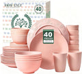 Homienly 40 PCS Premium Wheat Straw Dinnerware Sets, Unbreakable Dishes Set for Party, Resuable Plates Set,Service for 8,Microwave and Dishwasher Safe Cups and Bowls Set for Camping, RV（Pink）