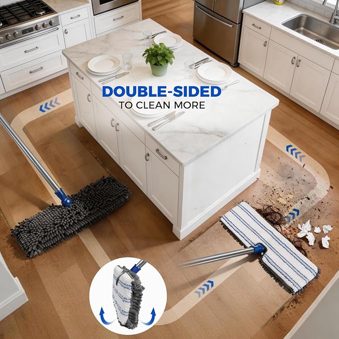 Masthome Microfiber Flat Mop, 16" Wide Floor Mop with 4 Reusable Pads & Hair Scraper, 360° Swivel Dual Sided Flip Mops, Wet Dry Dust Mop for Hardwood, Laminate, Tile, Pet Hai