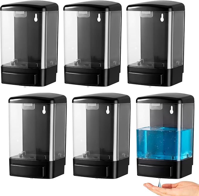 Hushee 6 Pcs Plastic Wall Mounted Soap Dispenser Commercial Manual Soap Containers Wall Dispenser for Kitchen Shower Hotel Liquid Shampoo Gel Chamber (33.8 oz 1000 ml,Black and Clear)