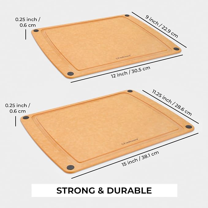 Freshware Wood Cutting Boards for Kitchen, Juice Groove, Non-Slip Silicone Feet, Dishwasher Safe, Medium 12" x 9" and Large, 15" x 11.25", Set of 2, Natural