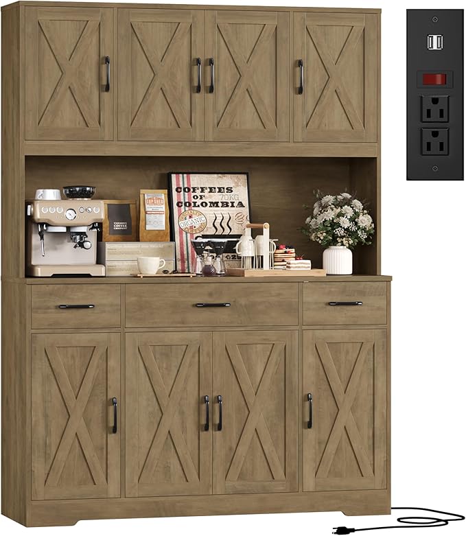 HOSTACK 71" Tall Kitchen Pantry Storage Cabinet, 55" W Kitchen Hutch, Brown | Large Pantry Cabinet with Charging Station / Countertop / 3 Drawers, Farmhouse Hutch Cabinet with Storage for Dining Room