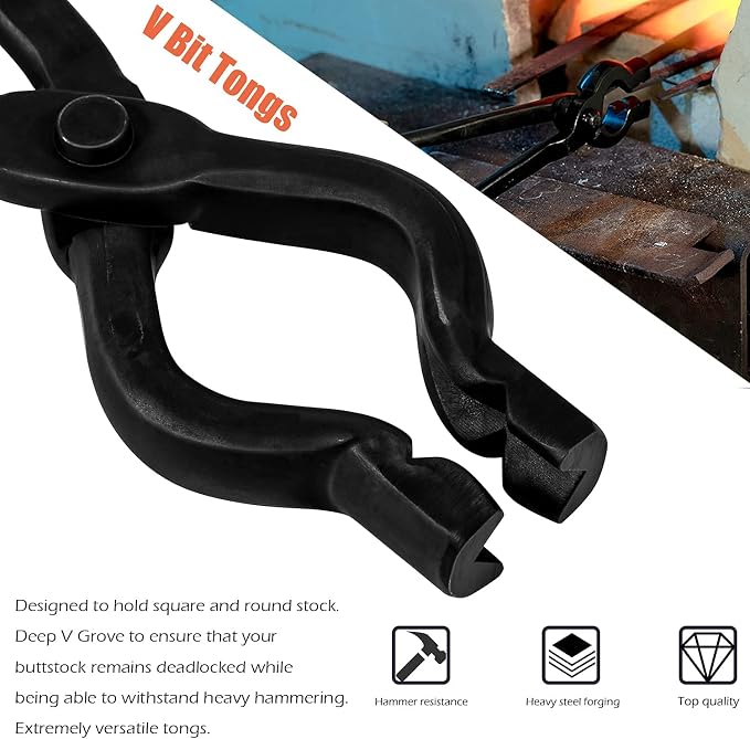 Blacksmith Tongs Set - Wolf Jaw & V-bit Tongs for Forging & Knife Making | Professional Blacksmith Tools for Bladesmiths, Beginner & Expert Blacksmithing