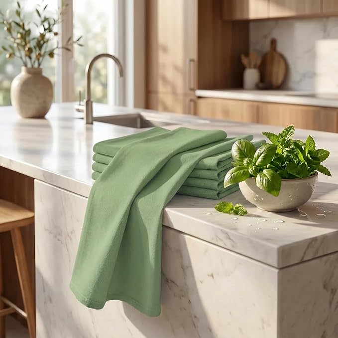 Urban Villa Kitchen Towels 100% Cotton Dish Towels for Kitchen(Set of 6)20”x30” Dish Cloths Highly Absorbent Kitchen Linen Set with Hanging Loop Perfect for Drying Dishes Cleaning Hand Towels – Green