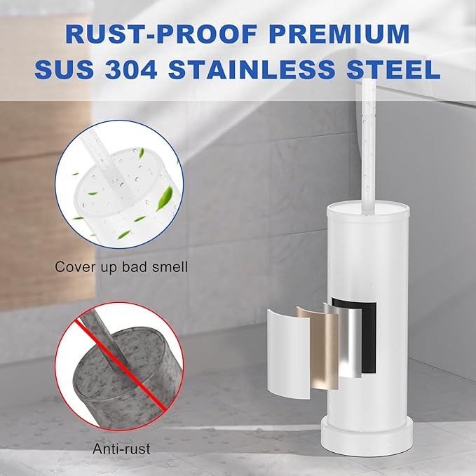 304 Stainless Steel Toilet Brush and Holder Set, Heavy Duty Toilet Bowl Brush and Holder with Removable Inner Bowl, Splash Protection, Long Handle for Bathroom