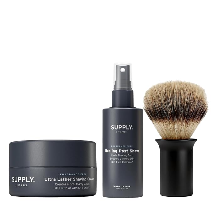 SUPPLY Men’s Shave Accessories Set – Ultra Lather Shaving Cream 3.4oz, Alcohol-Free Aftershave Spray 2 oz, and Synthetic Shaving Brush – Fragrance Free/Matte Black