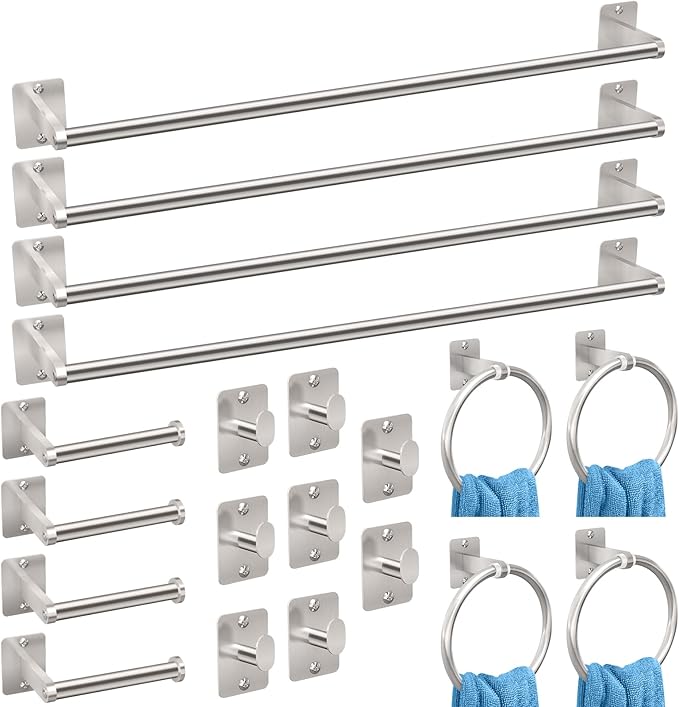 KLJKPA 20 Pieces Bathroom Accessories Set, Brushed Nickel Bathroom Hardware Set, 24 inch Towel Bar, Towel Racks for Bathroom, Robe Towel Hooks, Toilet Paper Holder Wall Mounted
