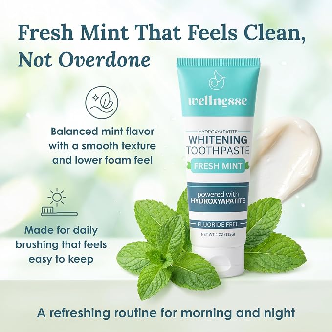 Hydroxyapatite Toothpaste, Whitening, Fluoride Free, Fresh Mint, 4oz 3-Pack | Wellnesse Remineralizing Enamel Care, SLS Free, Xylitol Formula for Sensitive Teeth, Dental Oral Care for Adults, Lower Foam