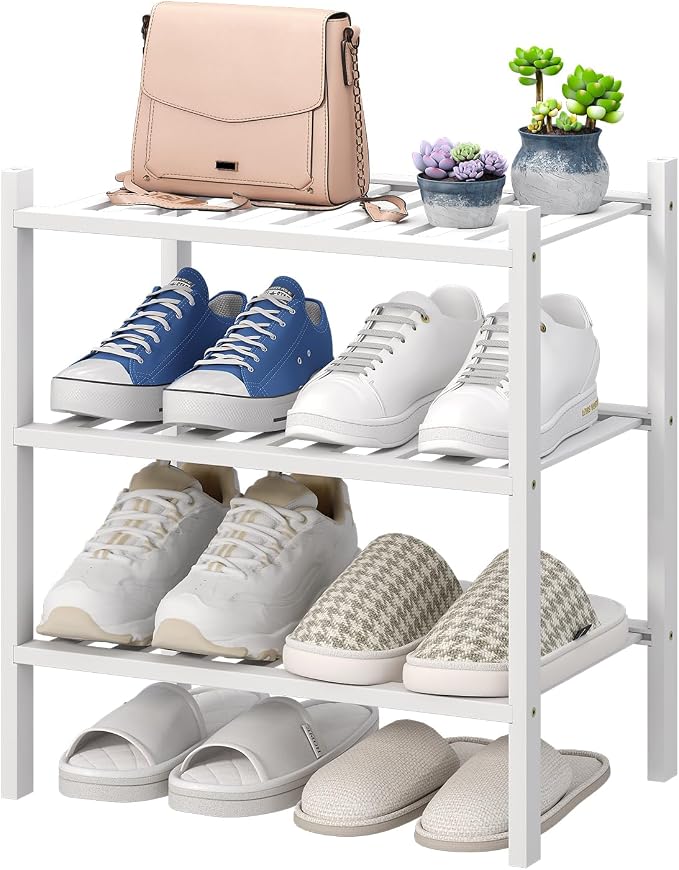 viewcare Small Shoe Rack for Entryway, White Shoe Organizer for Closet, Bamboo Wood Standing Shoe Shelf for Indoor Outdoor (White, 3-Tier_Samll)