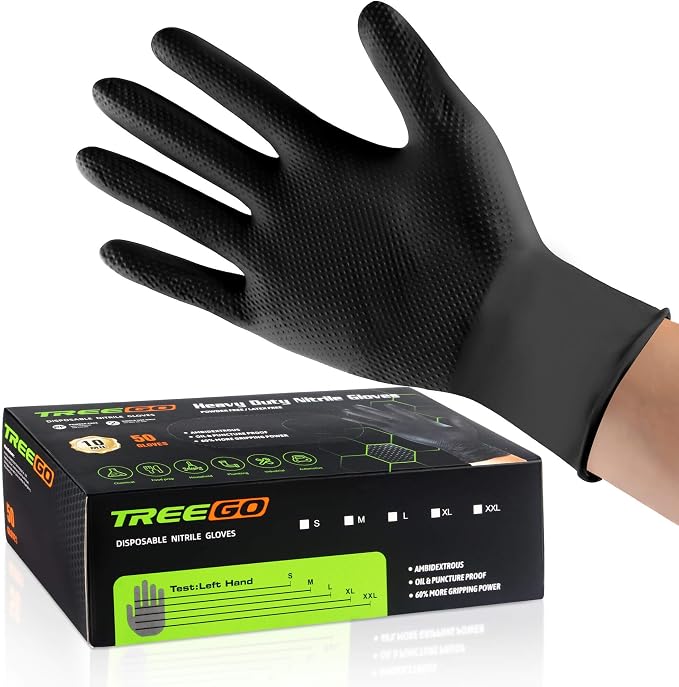 TREEGO 10 Mil Heavy Duty Black Nitrile Mechanic Gloves, 50 Count XL | Diamond Grip, Latex & Powder Free for Heavy Equipment Service, Truck Repair & Industrial Maintenance