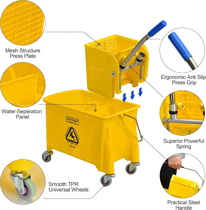 Matthew Cleaning 22 Quart Compact Mop Bucket INCL.2 Pack Mop Head with Side Press Wringer On Wheels,Tandem Portable Floor Cleaning Wavebrake,Ideal for Household,Industrial,Restaurant,Janitorial Use
