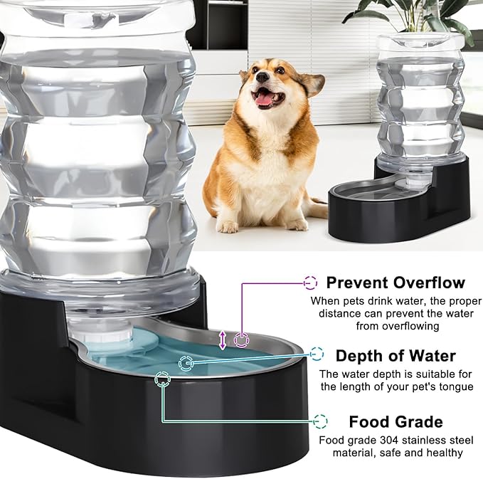 RIZZARI 7L Dog Water Bowl Dispenser:Black Stainless Steel Gravity Bowl | Built-In Filtration/Clear Water Reservoir/Spill-Resistant Design/Easy Water Monitoring/Food-Grade Materials/Indoor Daily Use