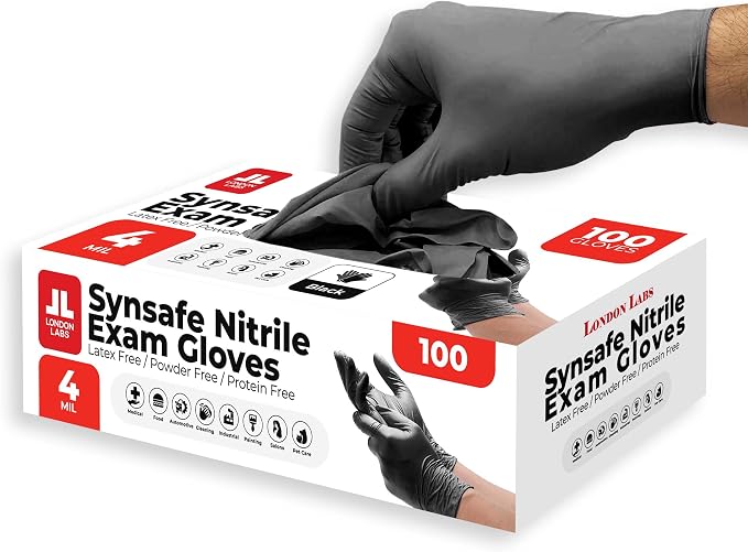 London Labs Synsafe 4 Mil - Black Nitrile Exam Gloves –Disposable Latex Free & Powder Free – Extra Strong, Rubber Gloves – First Aid Kit, Medical, EMT, Cleaning, Cooking | Pack of (100 ct)