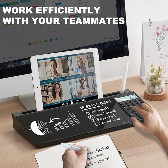 Small Glass Desktop Whiteboard Dry-Erase-Board - Computer Keyboard Stand with Calculator White Board Surface Pad with Drawer, Desk Organizers with Accessories for Office, Home, School Supplies - Black