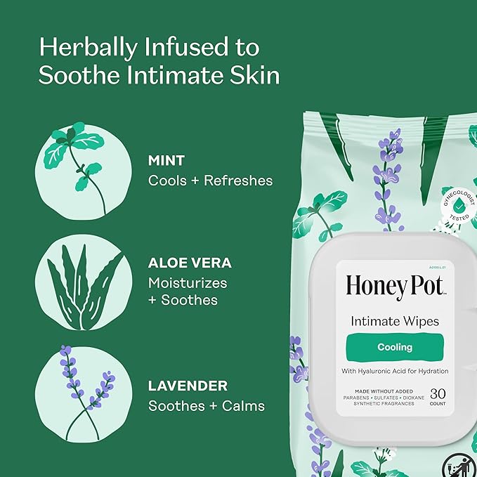 The Honey Pot Company - Feminine Wipes - Cooling - Cooling Tingle Effect - Herbal Infused w/Mint, Aloe Vera, Lavender - pH Balanced Feminine Care for Sensitive Skin - Cleansing Wipes for Women - 30ct