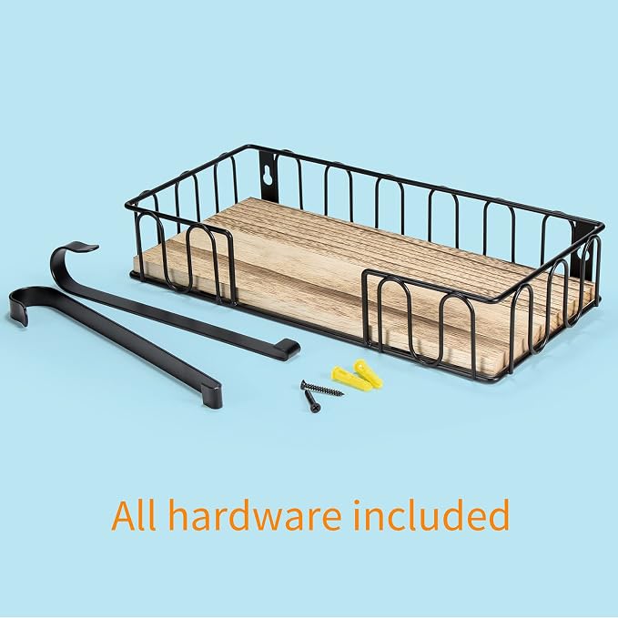 TJ.MOREE Ironing Board Hanger Metal Wall Mount Iron and Ironing Board Holder, Laundry Room Decor and Storage with Large Storage Black Wooden Base Basket and Removable Hooks