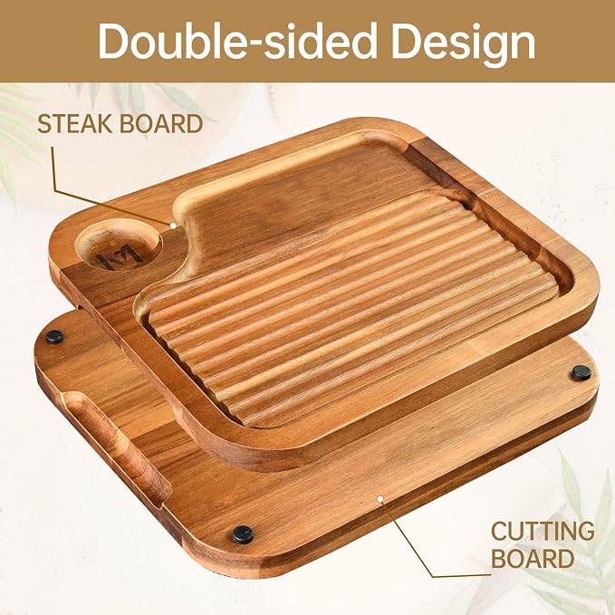 4 pcs Acacia Wood Steak Plates,Carnivore Meat Cutting Board for Eating | Carved Wooden Serving Trays Food Serving Platter Cheese Charcuterie Board with Deep Groove & Hidden Handles Housewarming Gift
