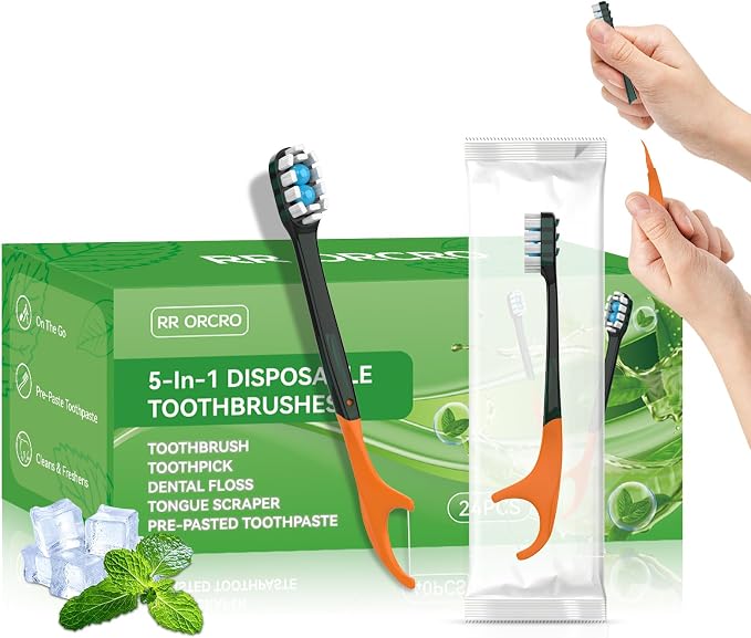 24Pack Disposable Toothbrushes with Toothpaste Pick Floss & Tongue Scraper | 5-in-1 Mini Prepasted Travel Toothbrush for Hotel Camping Flight Car Single Use Portable Individually Wrapped | Mint